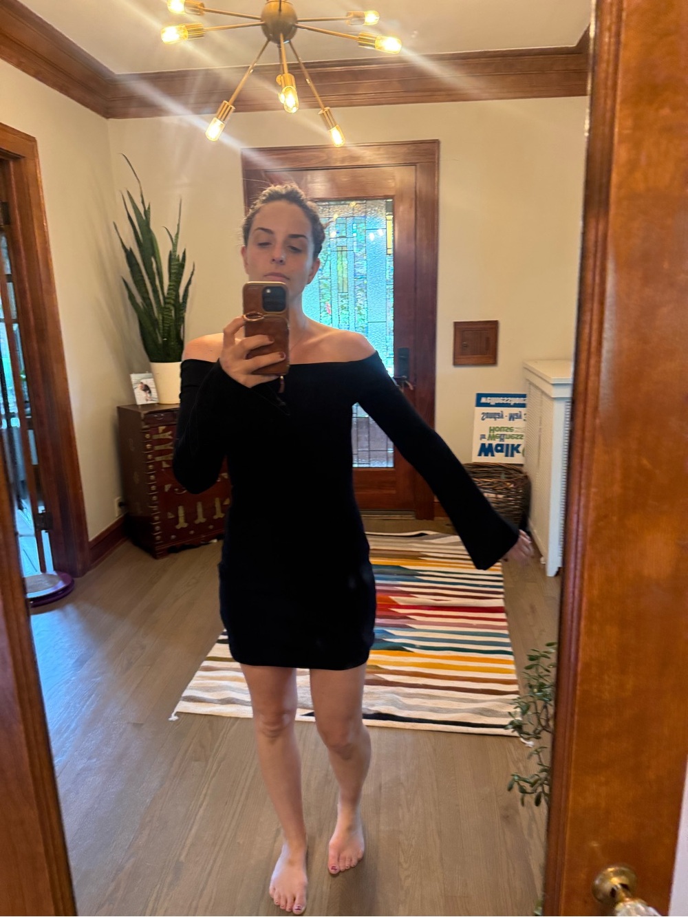 L'AGENCE Black Off-Shoulder Mini Dress with Bell Sleeves